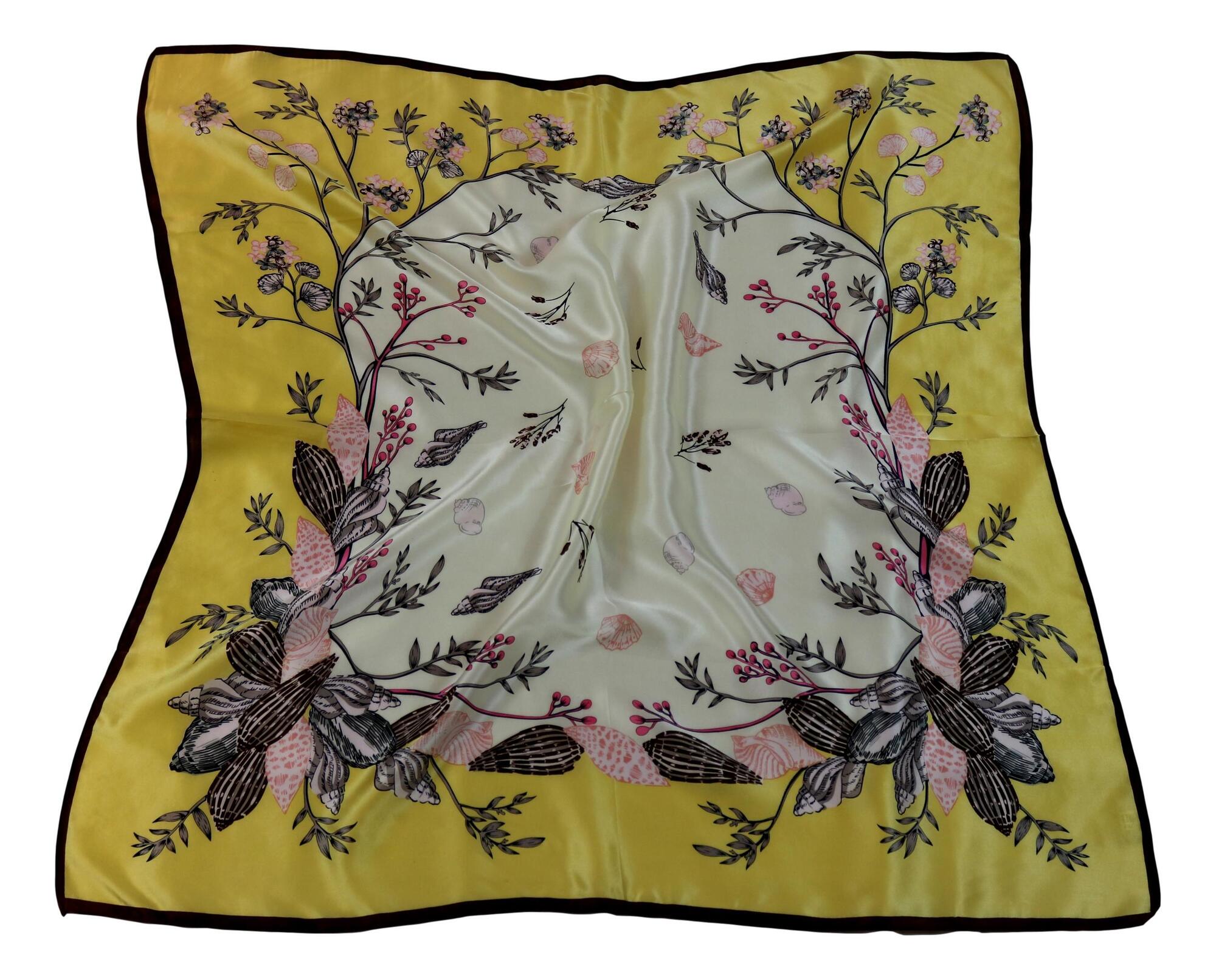 Scenic Floral Silk Scarf Yellow Square Satin